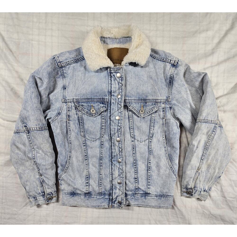 American Eagle Womens Denim Trucker Jacket Faux Sherpa Lined Pockets XS